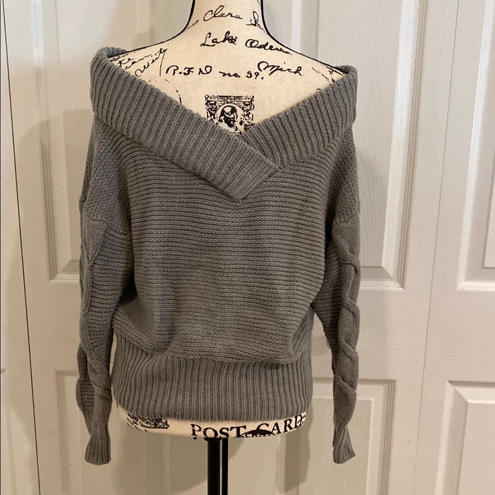 Alya Deep V neck Off the Shoulder Gray Cable Knit Sweater Cozy - Picture 2 of 8